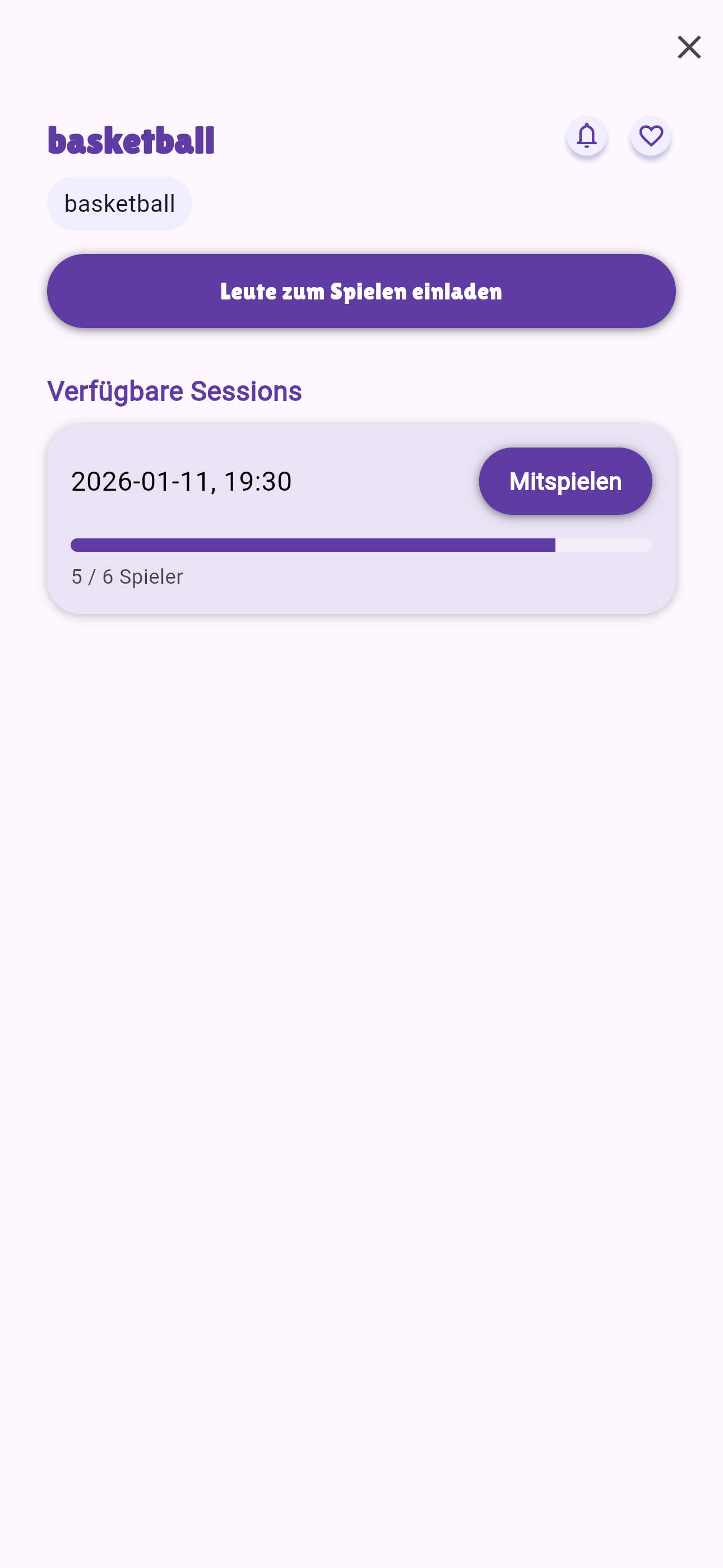 Detailansicht eines Sportplatzes mit Session-Übersicht und Interaktionsmöglichkeiten
