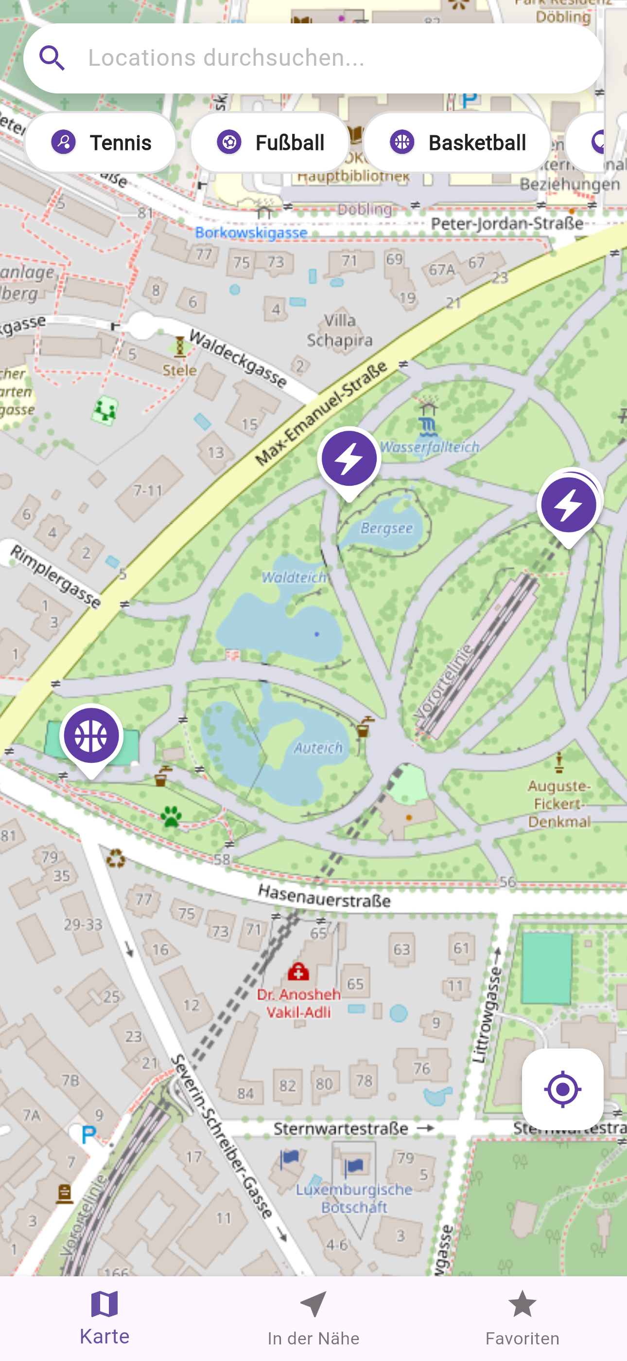 Ansicht der Startseite mit einigen Sportplätzen