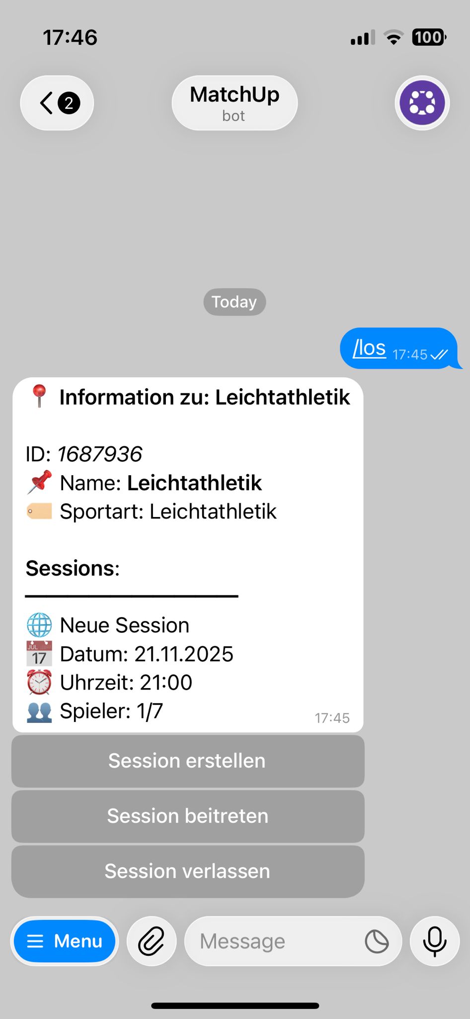 Telegram-Ansicht einer Sportplatz-Detailansicht mit Session-Liste und Aktions-Buttons